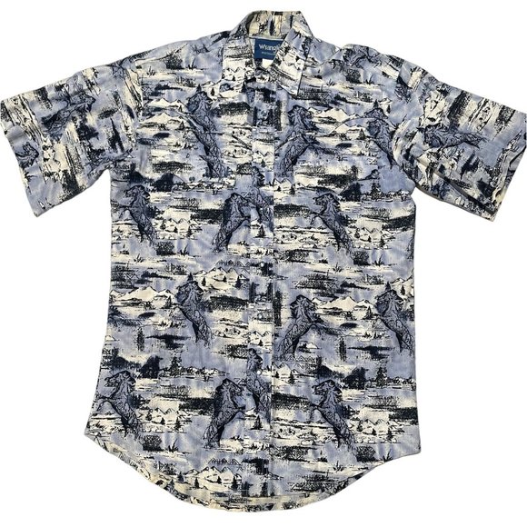 WRANGLER HORSE PRINT BLUE BUTTON DOWN SHIRT SIZE SMALL | U1 - Picture 1 of 6